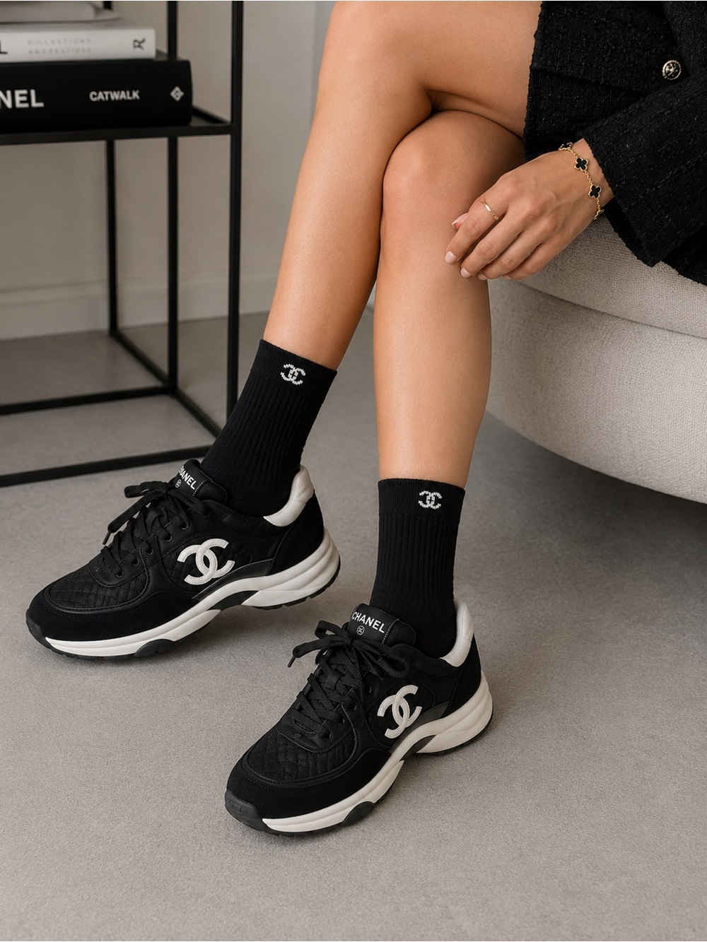 2 Pair CC Black & White Ribbed Crew Socks - Pair